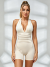 Halter Tie-Back Ruched Waist Compression Short Romper