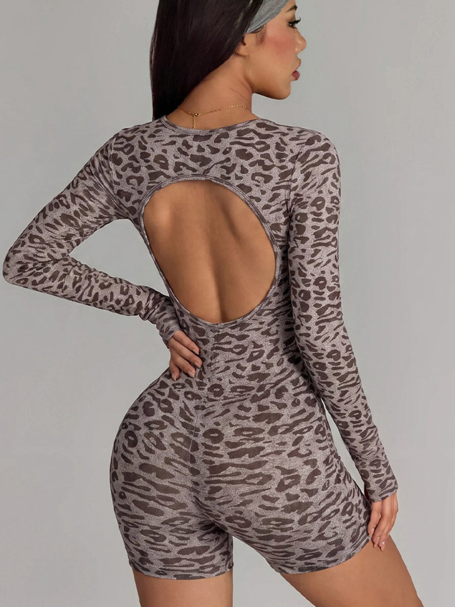 Leopard Print Cutout Long Sleeve Romper