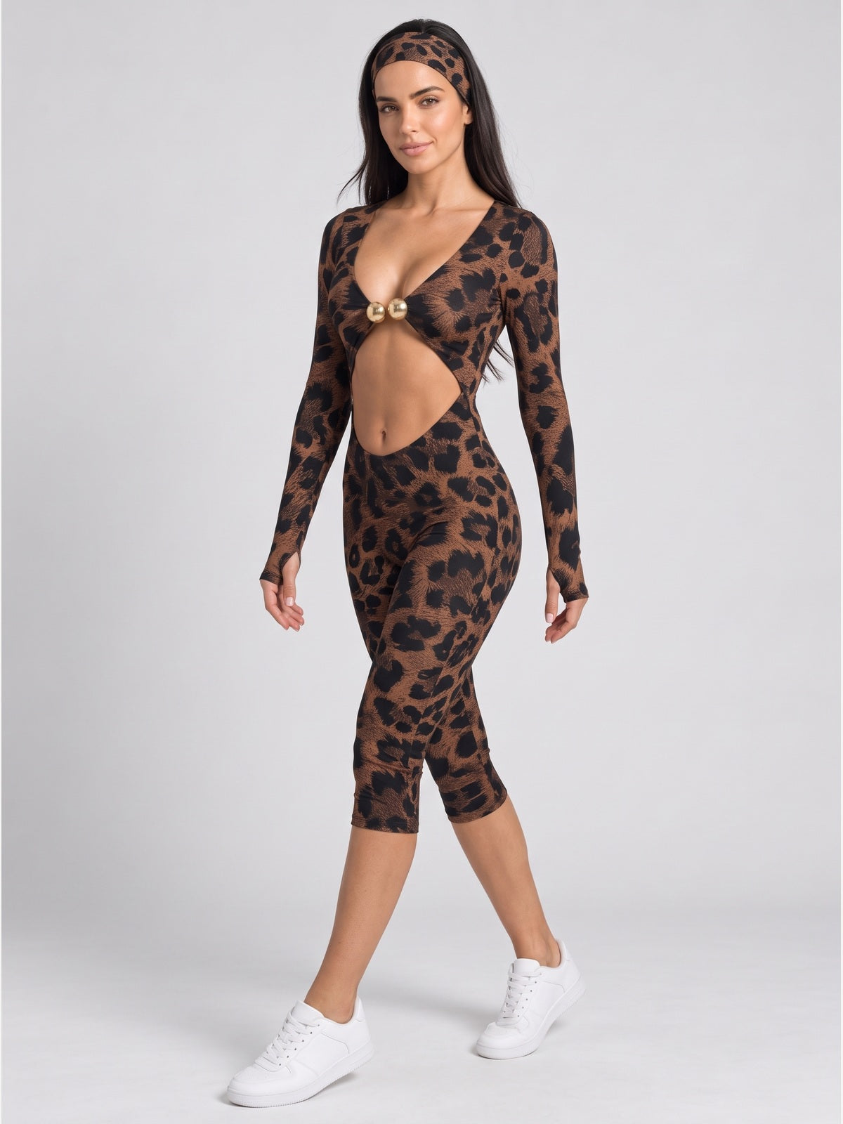 Leopard Print Cutout Long Sleeve Capri Jumpsuit