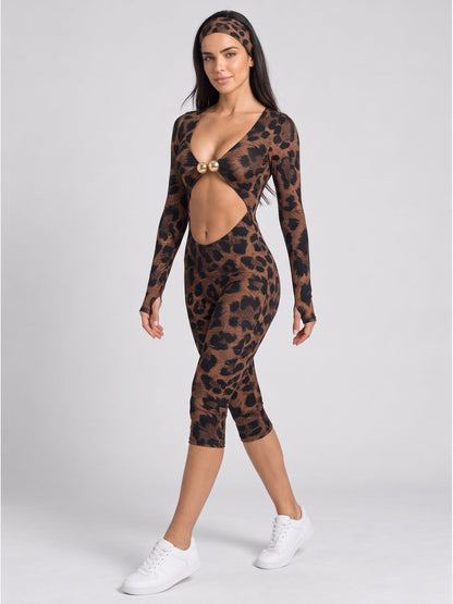 Leopard Print Cutout Long Sleeve Capri Jumpsuit