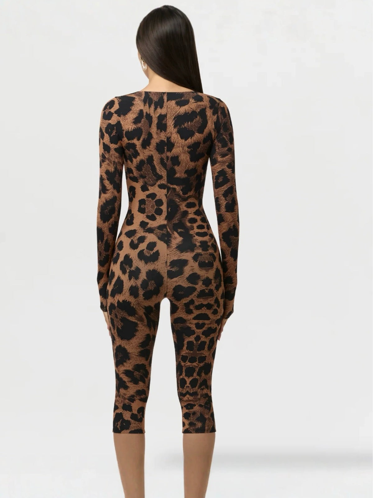 Leopard Print Cutout Long Sleeve Capri Jumpsuit