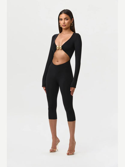 Leopard Print Cutout Long Sleeve Capri Jumpsuit
