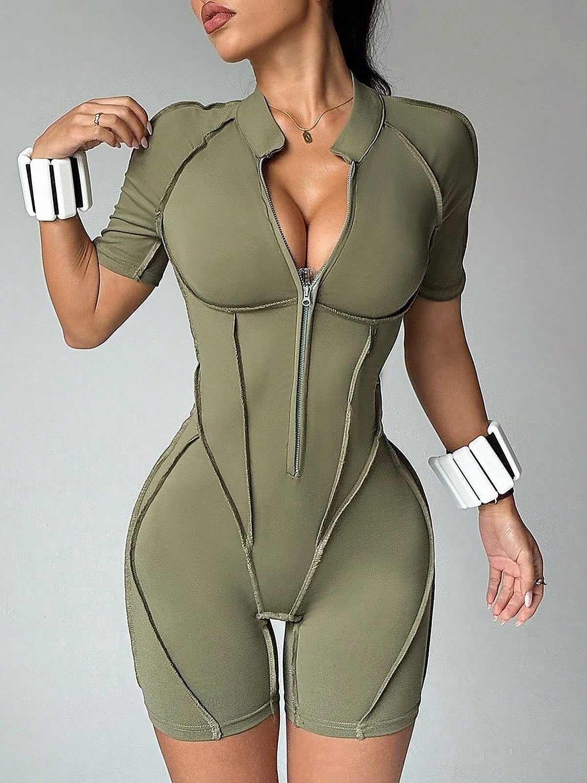 Contour Stitch Zip-Front Active Romper