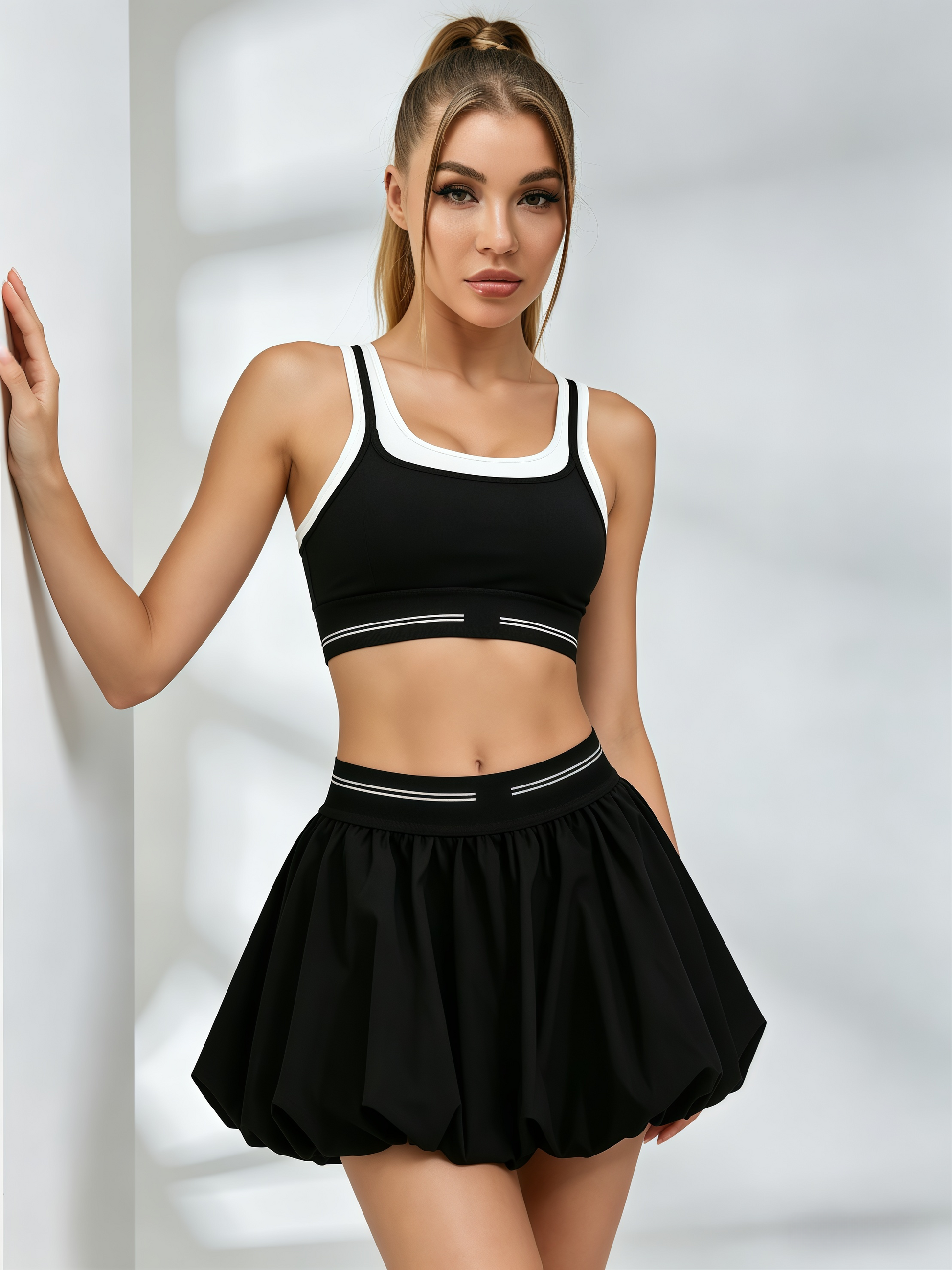 Color-Block Crop Top & Bubble Tennis Skirt Set