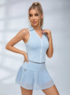 Zip-Up Collared Tank & Pleated Mesh Skirt Tennis Set