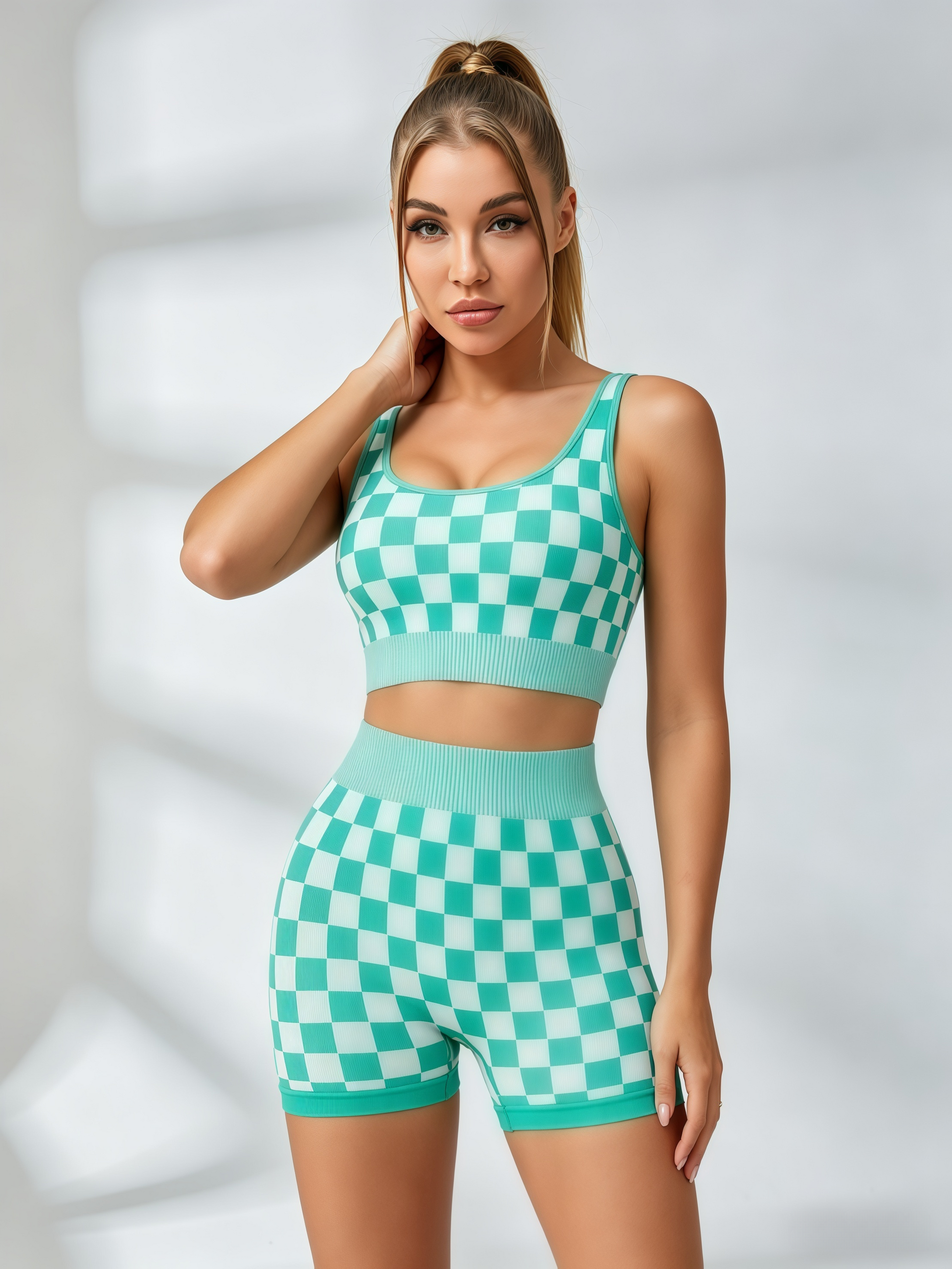 Checkered Ribbed Workout Short Set