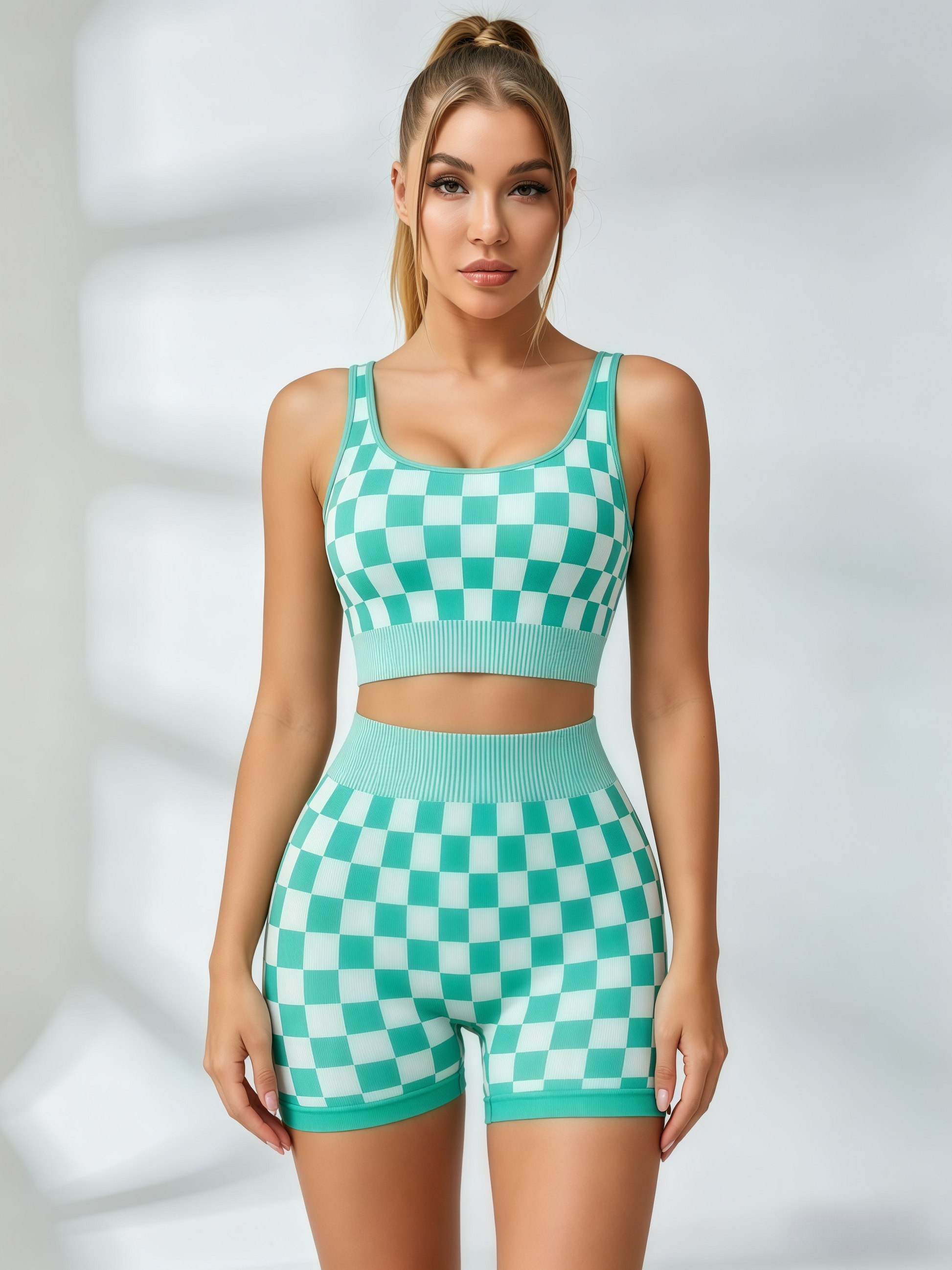 Checkered Ribbed Workout Short Set