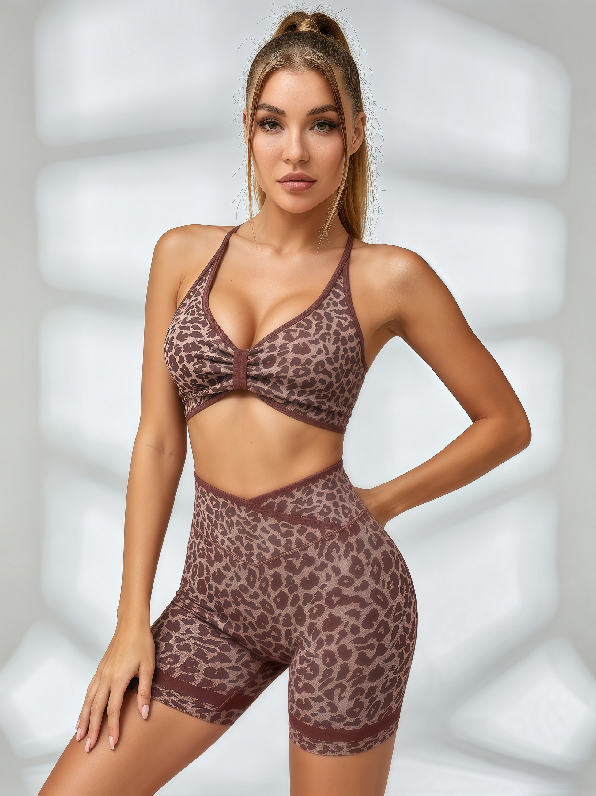Leopard Print Crisscross Back Sports Bra & High-Waisted Biker Short Set