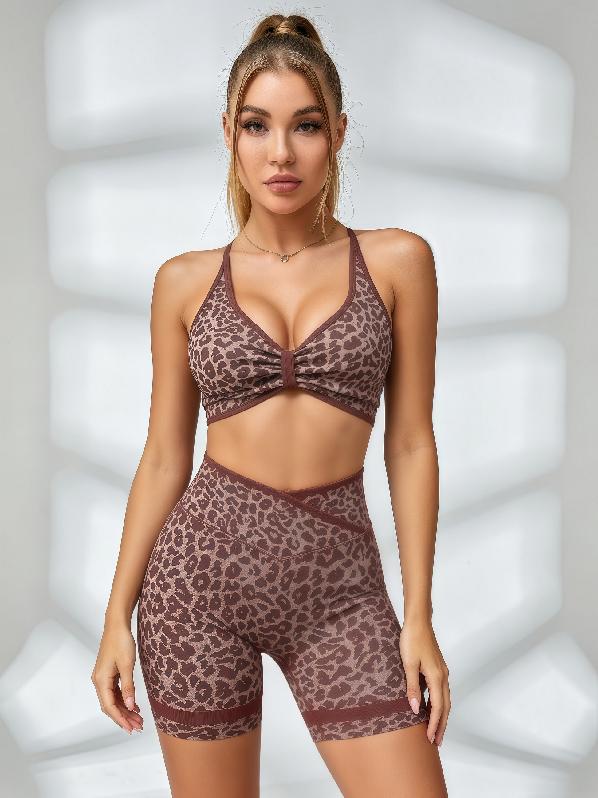 Leopard Print Crisscross Back Sports Bra & High-Waisted Biker Short Set