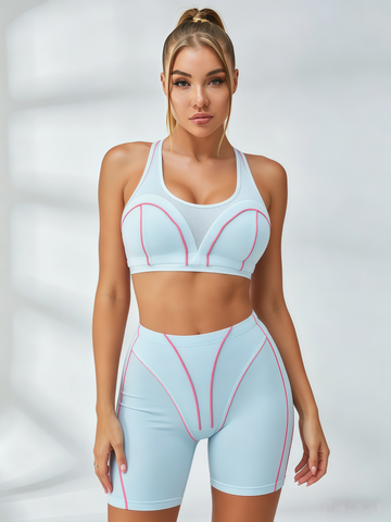 Pink Seam Contour Light Blue Two Piece Biker Set