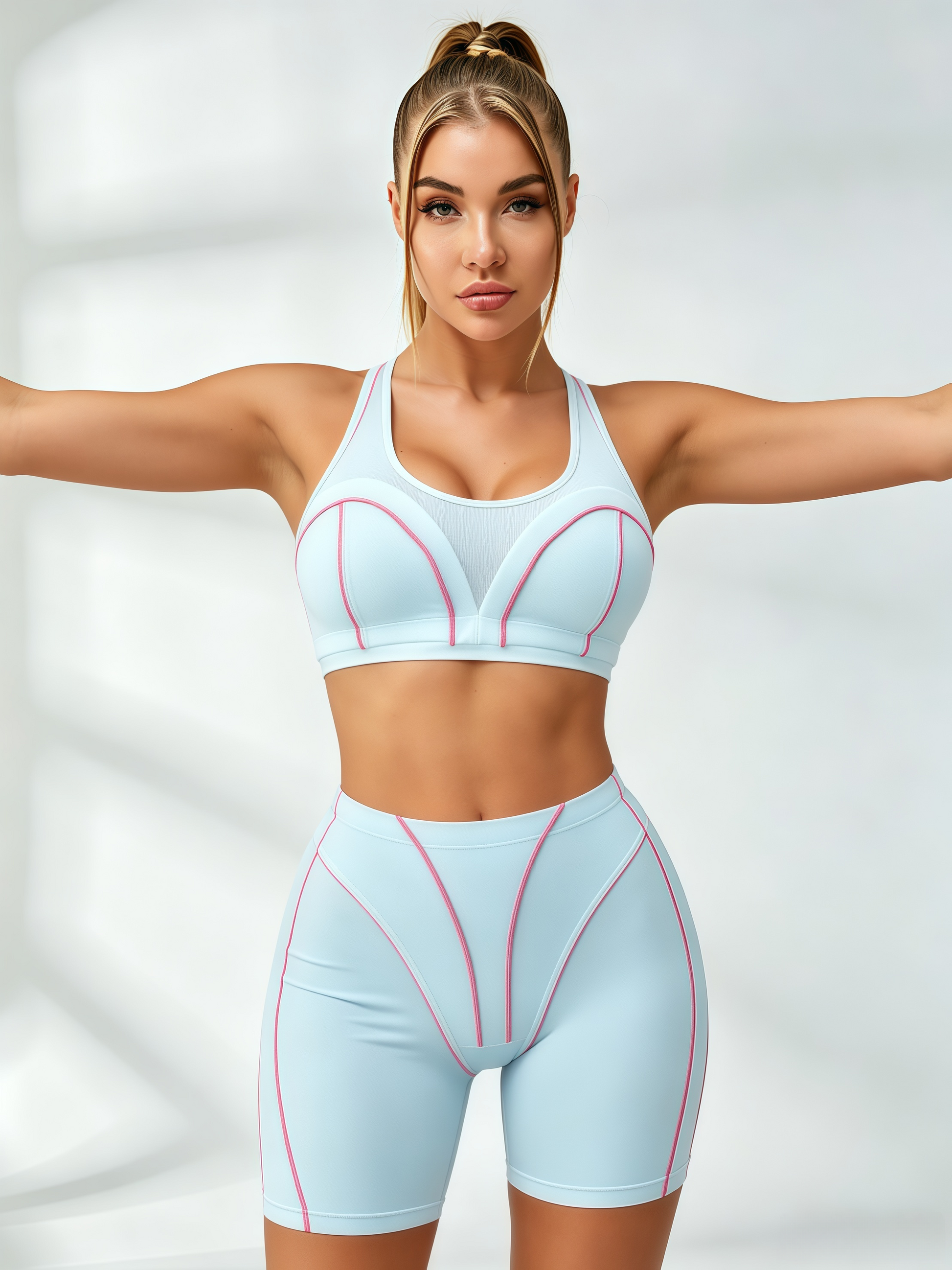 Pink Seam Contour Light Blue Two Piece Biker Set