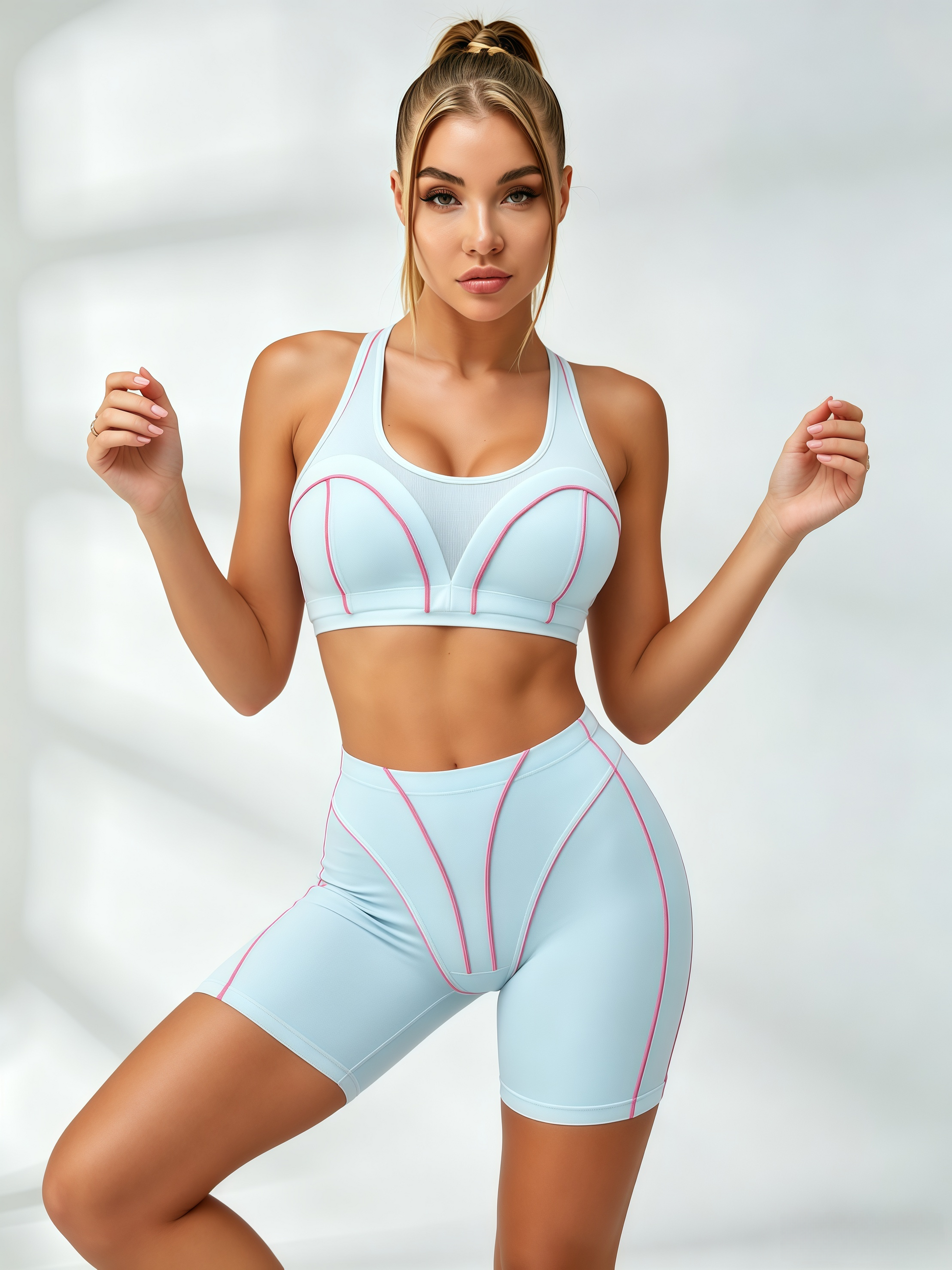 Pink Seam Contour Light Blue Two Piece Biker Set