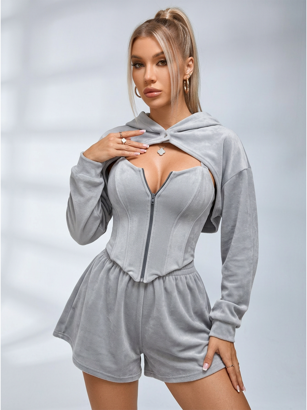 Corset Top Cropped Jacket Shorts 3 Piece Set