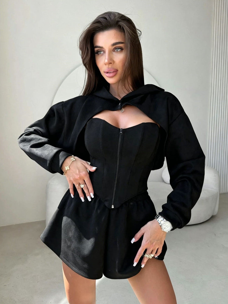 Corset Top Cropped Jacket Shorts 3 Piece Set