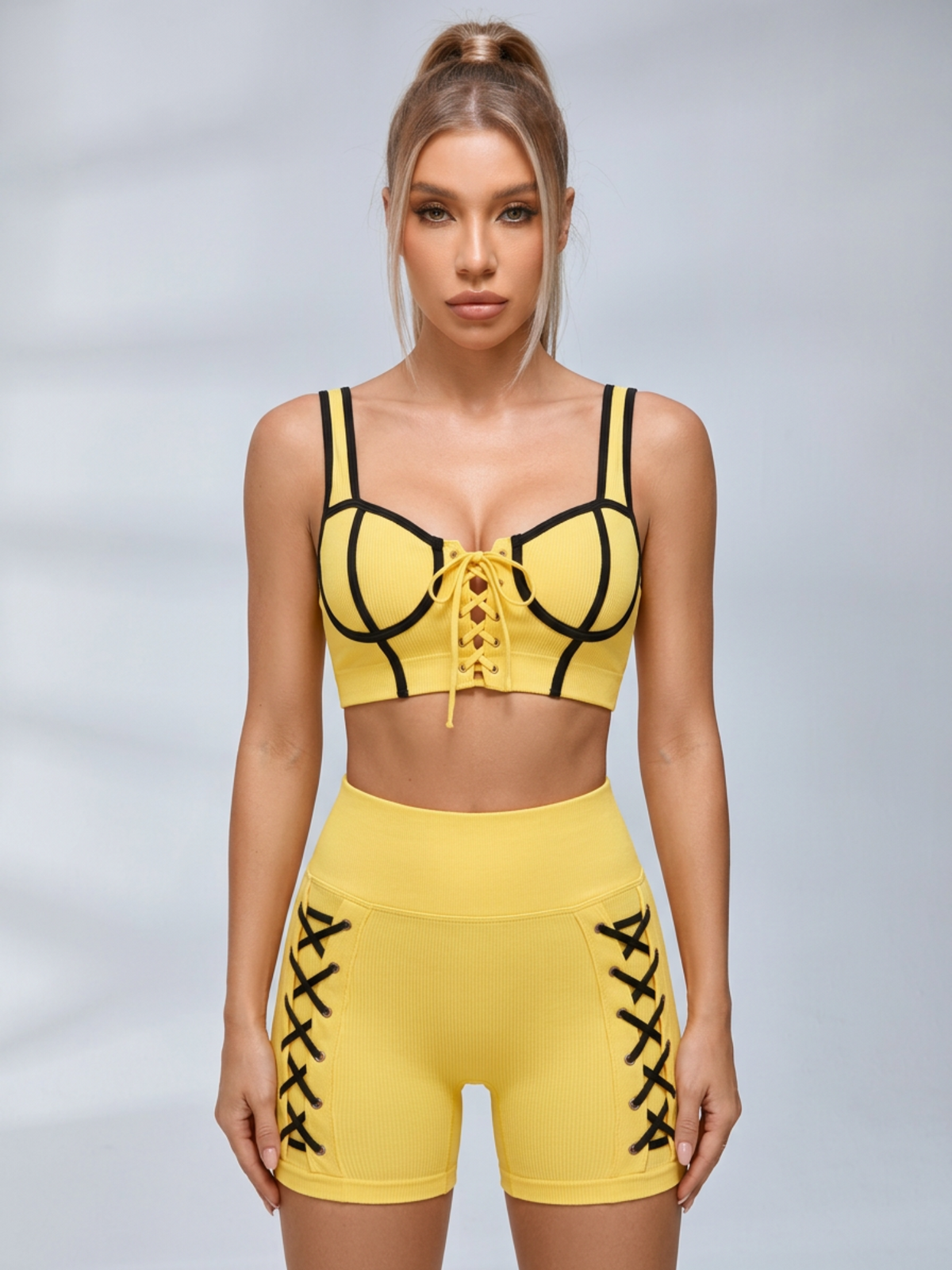 Contrast Lace-Up Crop Tank High Waist Shorts 2 Piece Set