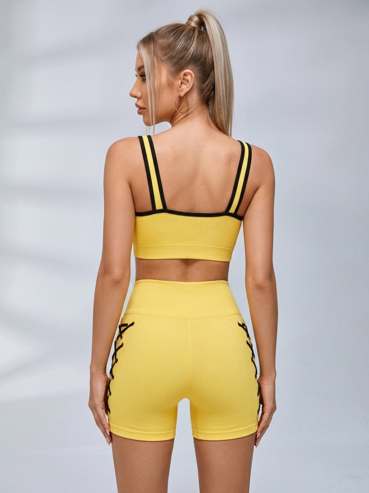 Contrast Lace-Up Crop Tank High Waist Shorts 2 Piece Set