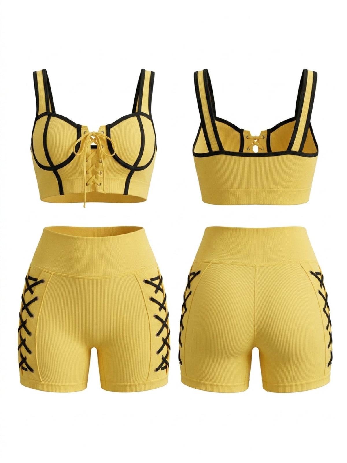 Contrast Lace-Up Crop Tank High Waist Shorts 2 Piece Set