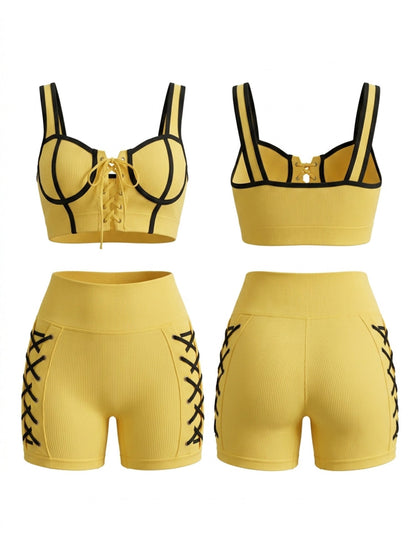 Contrast Lace-Up Crop Tank High Waist Shorts 2 Piece Set