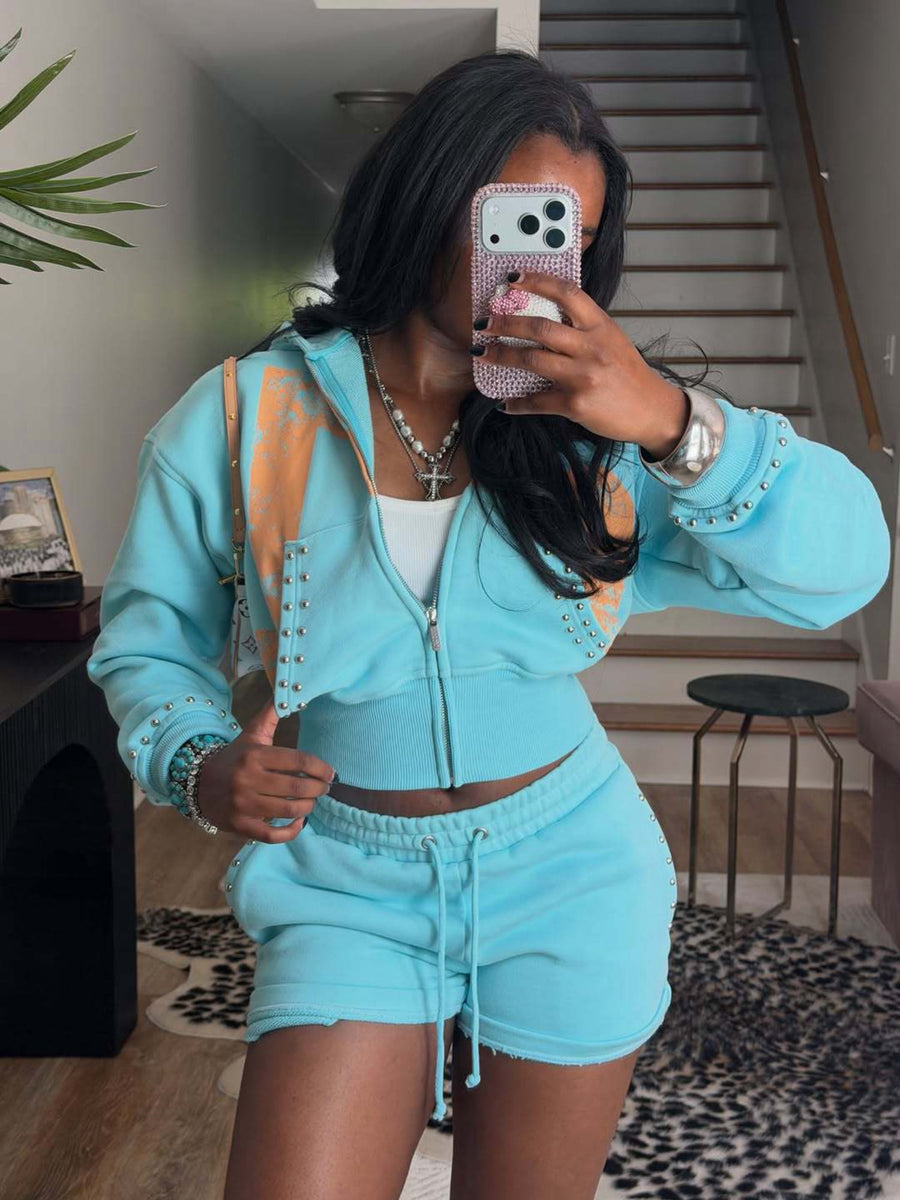 Streetwear Rivet Embellished 2 Piece Lounge Outfit
