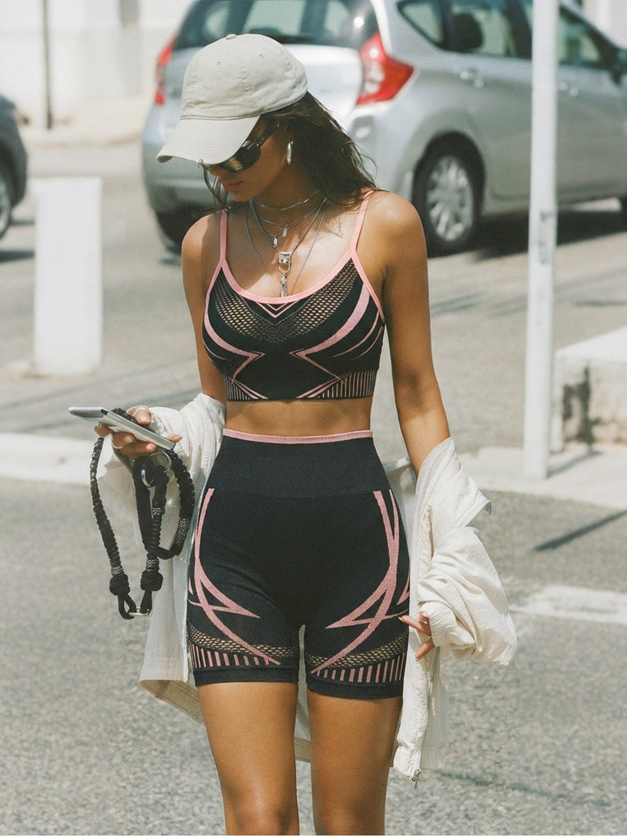Black Pink Mesh Panel Sports Bra & High Waist Bike Shorts Set