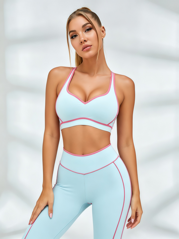 Pink Piping V Neck Light Blue Workout Set