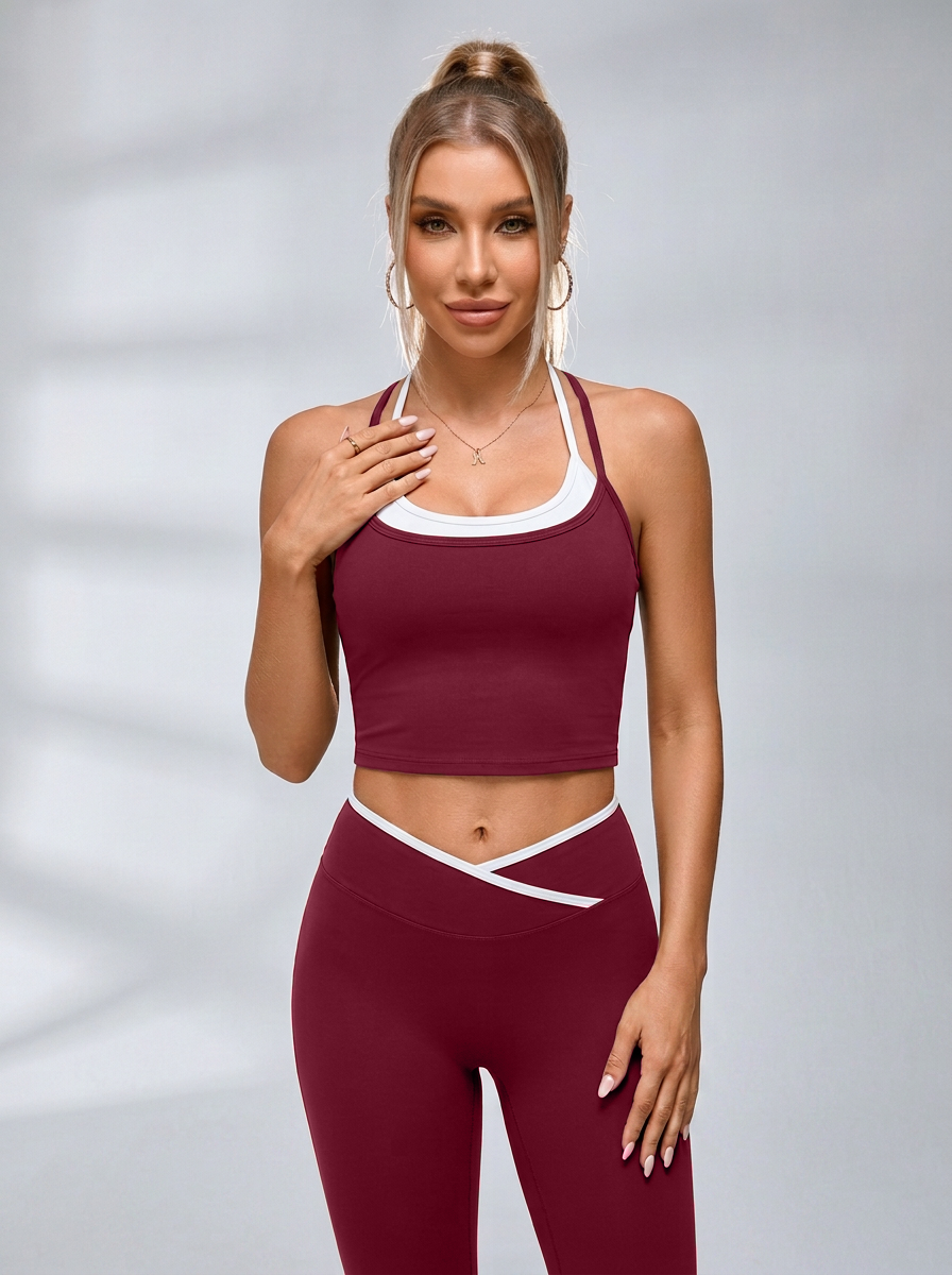 Two Tone Layer Cross Back V Waist Yoga Workout Tracksuit