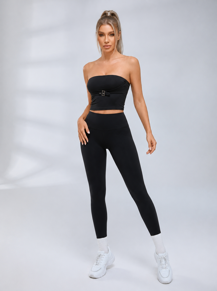 Solid Tube Top With Front Buckle High Rise Hip Lifting Yoga Tracksuit
