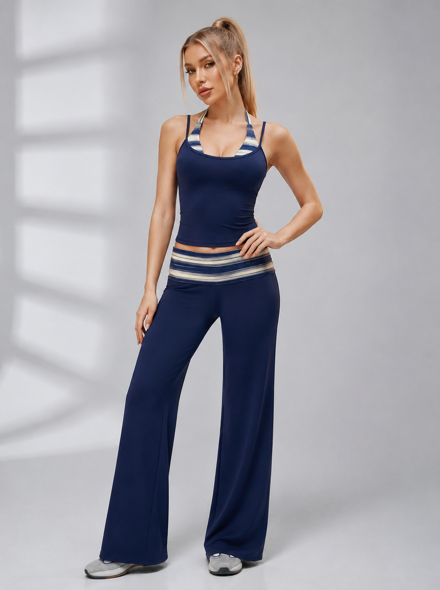 Super Sexy Printed Halter Crop Top Fold Over Waist Flared Pants Tracksuit
