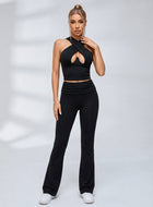 Crisscross Halter Neck Hollow Out Crop Top Ruched Waist Flare Leg Yoga Tracksuit