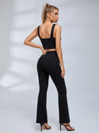 Wrap Halter Cutout Top High Waist Button Denim Flared Two Piece Sportswear