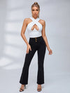 Wrap Halter Cutout Top High Waist Button Denim Flared Two Piece Sportswear