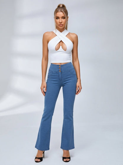 Halter Cutout Top Denim Flared Two Piece