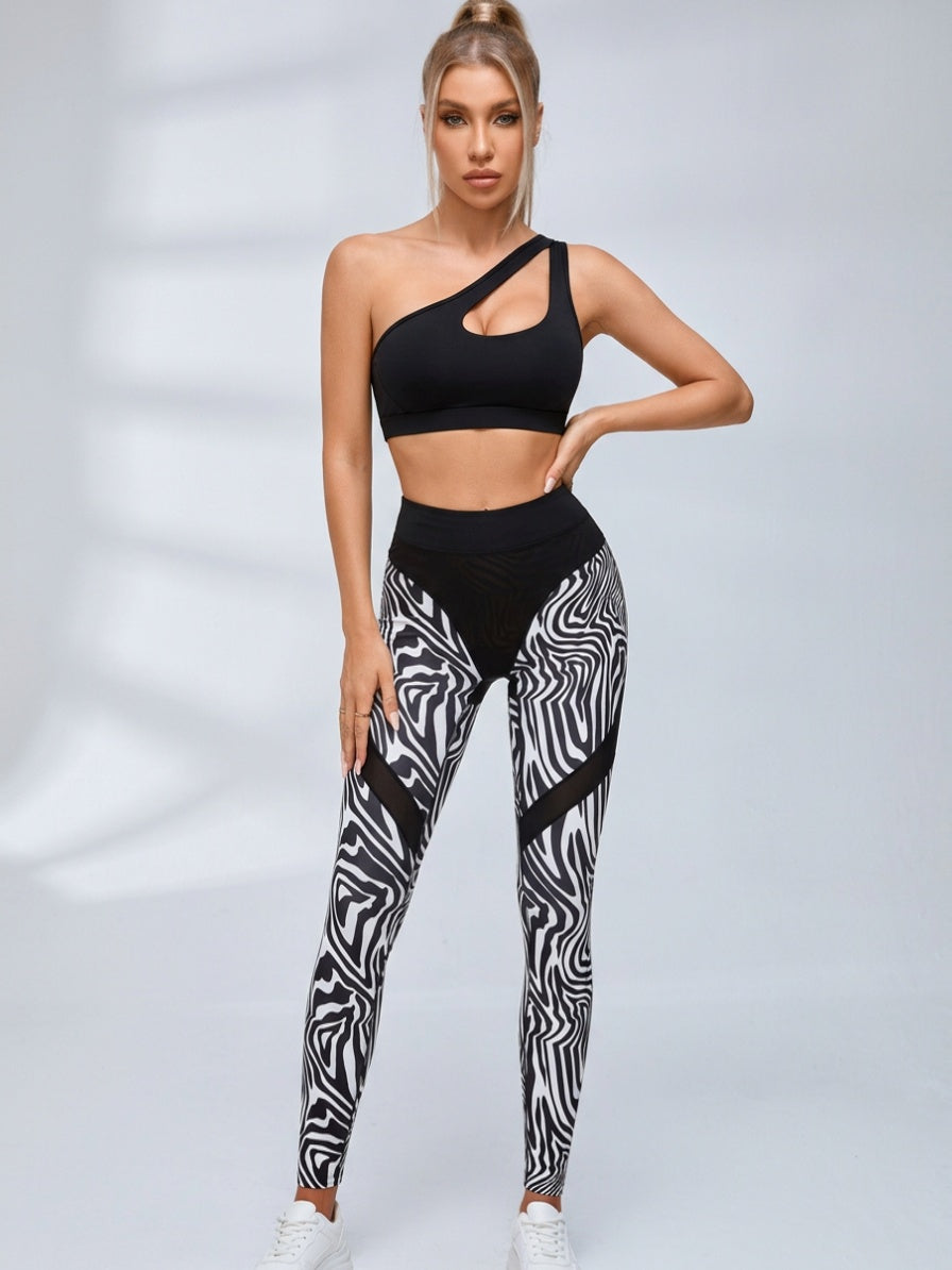 One Shoulder Zebra Print Hip Lift Fitness Set