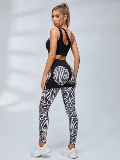 One Shoulder Zebra Print Hip Lift Fitness Set
