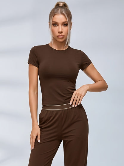 Crew Neck Casual Short Sleeve Wide Leggings Set