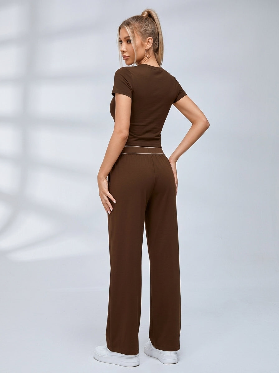 Crew Neck Casual Short Sleeve Wide Leggings Set