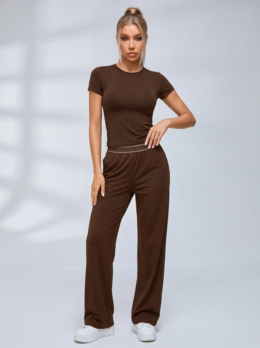 Crew Neck Casual Short Sleeve Wide Leggings Set