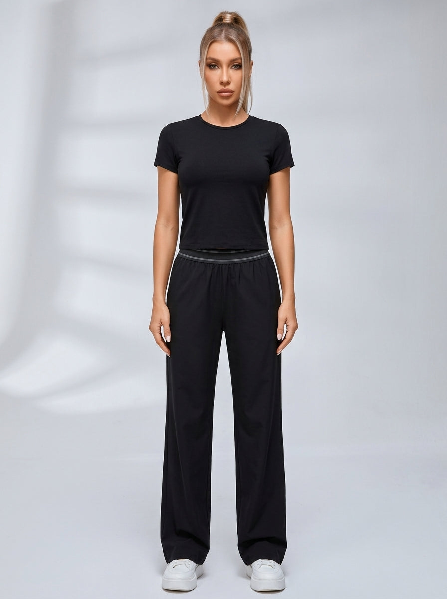 Crew Neck Casual Short Sleeve Wide Leggings Set