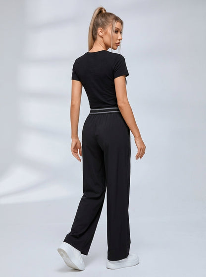 Crew Neck Casual Short Sleeve Wide Leggings Set