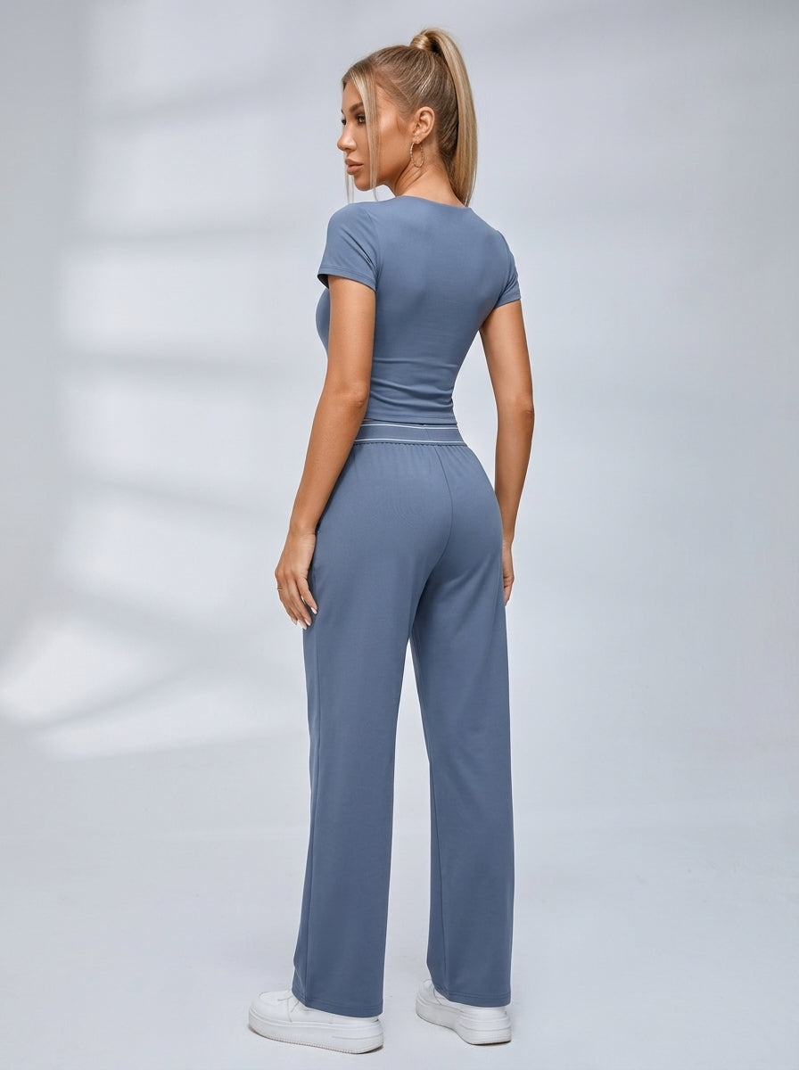 Crew Neck Casual Short Sleeve Wide Leggings Set