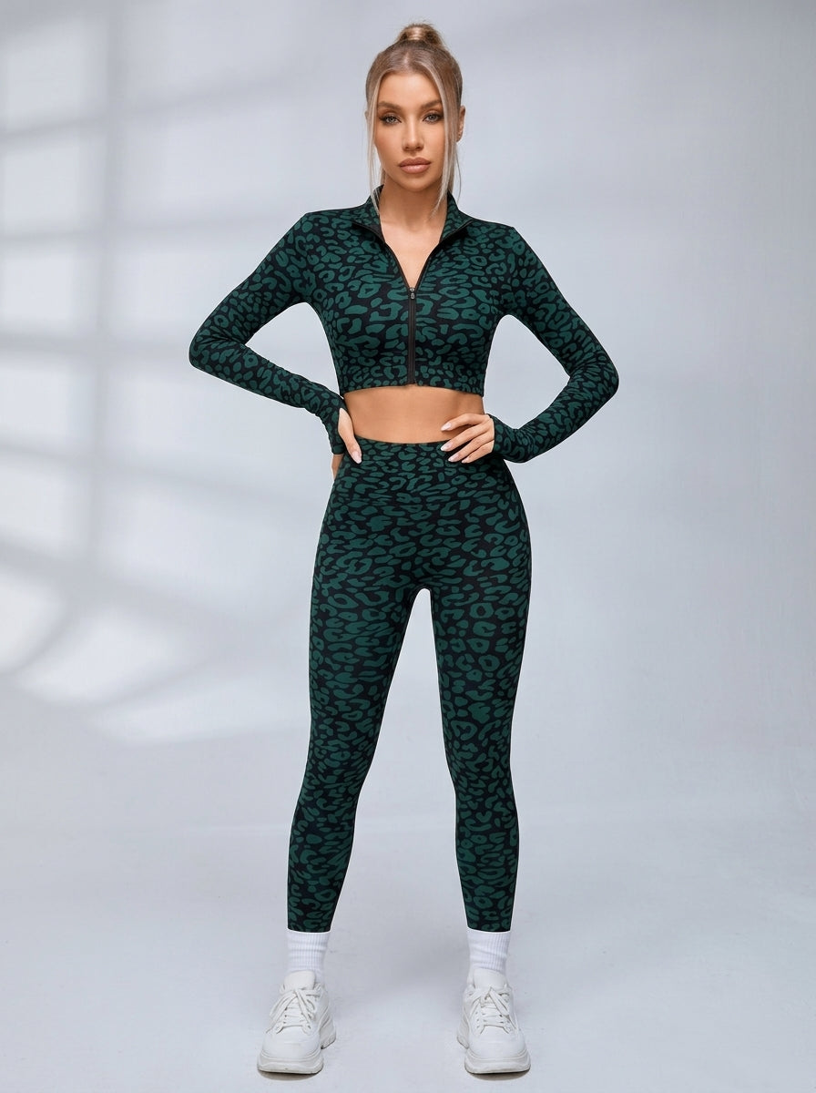 Zip Front Leopard Print Long Sleeve Fitness Set