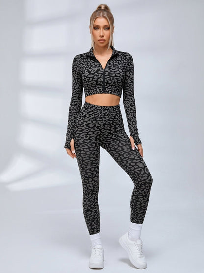 Zip Front Leopard Print Long Sleeve Fitness Set