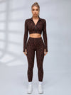 Zip Front Leopard Print Long Sleeve Fitness Set