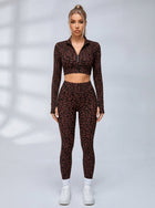 Zip Front Leopard Print Long Sleeve Fitness Set