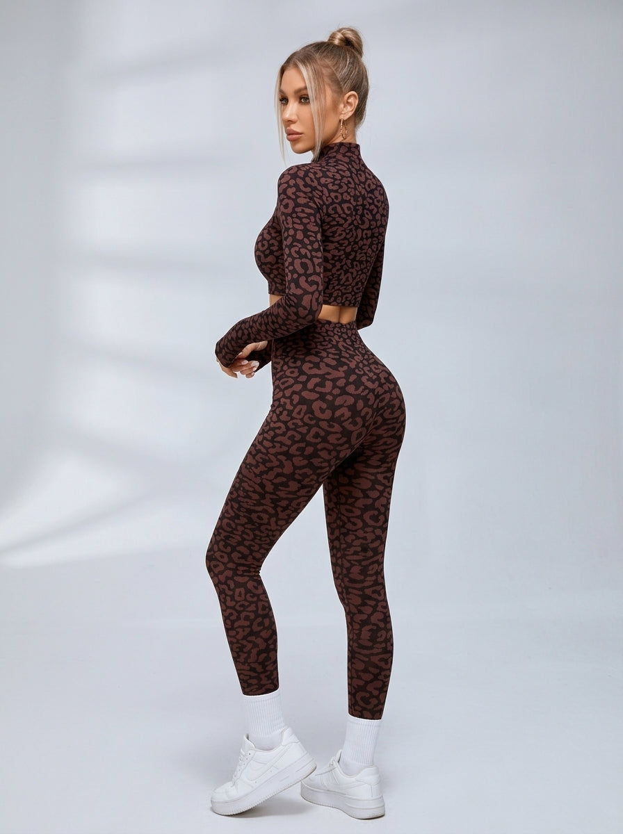 Zip Front Leopard Print Long Sleeve Fitness Set