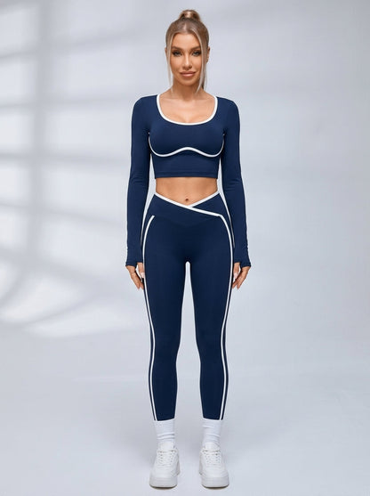 Contrast Piping U Back Long Sleeve Fitness Set