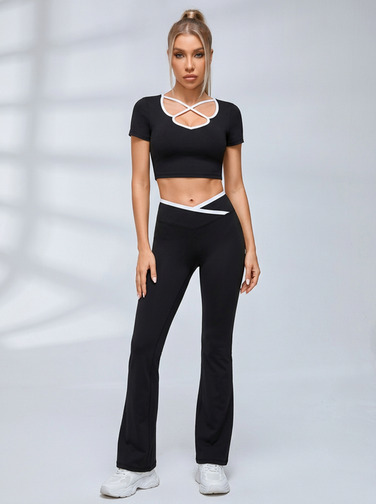 Criss Cutout Short Sleeve Flared Leggings Set