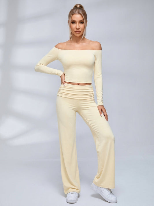 Off Shoulder Fold Waist Flared Leggings Set