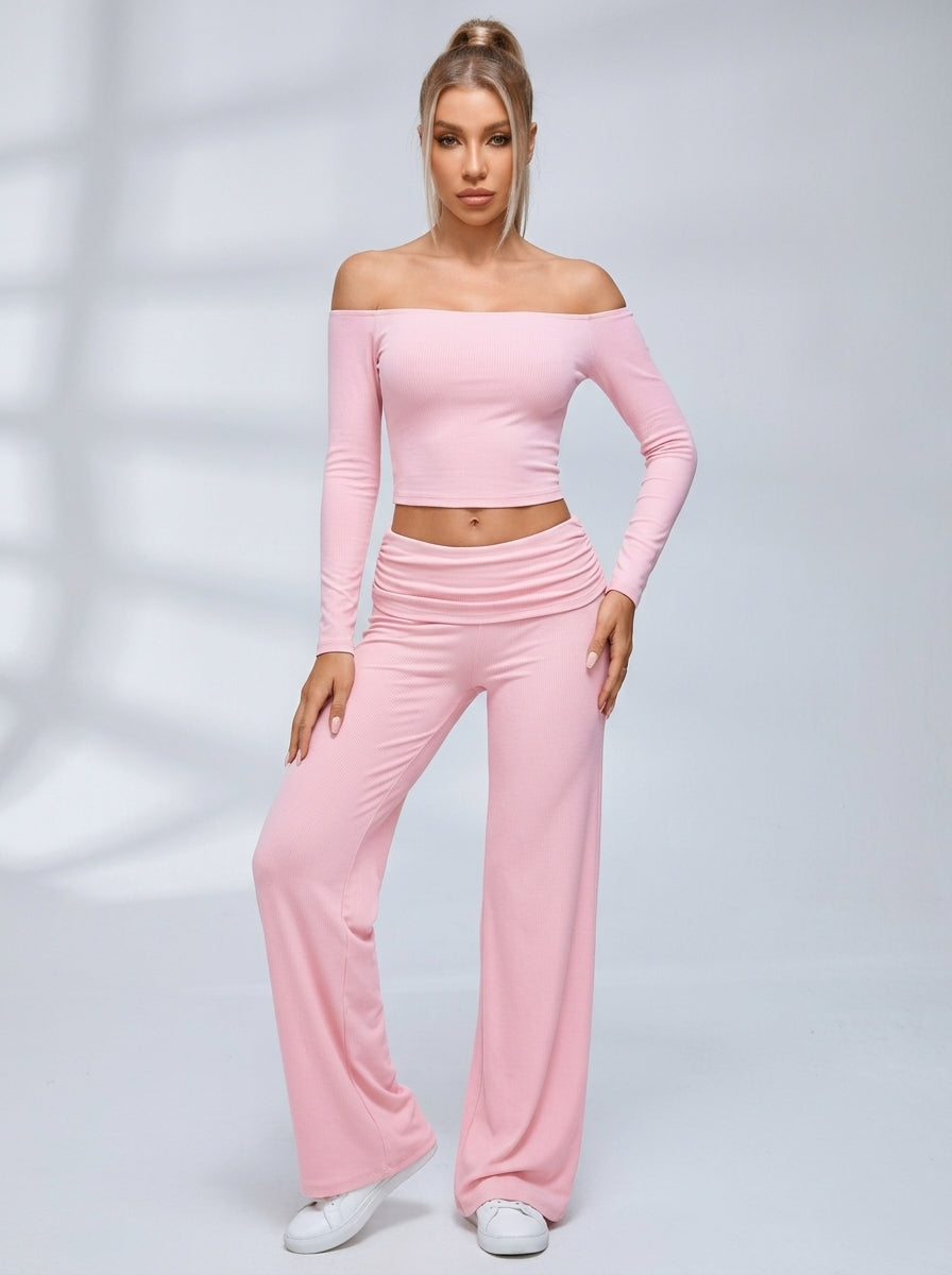 Off Shoulder Fold Waist Flared Leggings Set