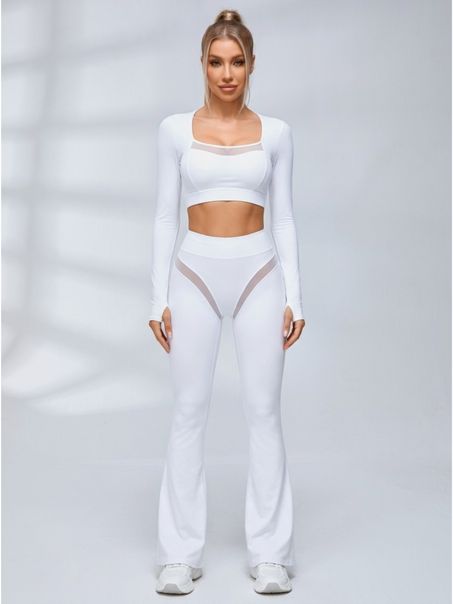 Mesh Patchwork Long Sleeve Flare Leg Yoga 2‑Piece Set